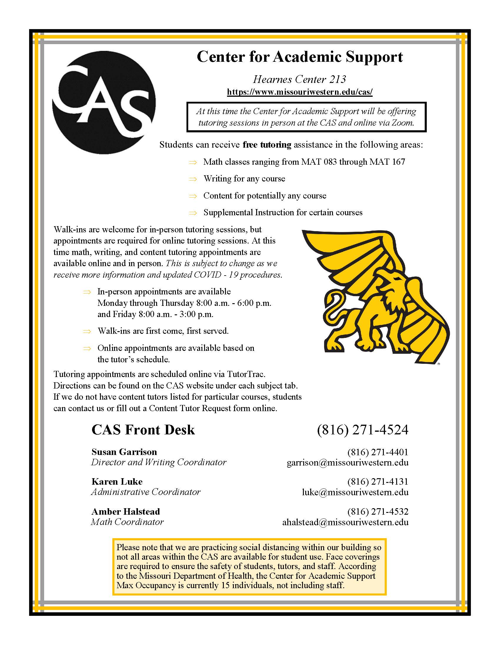 Center for Academic Support Open for Tutoring – Griffon Weekly